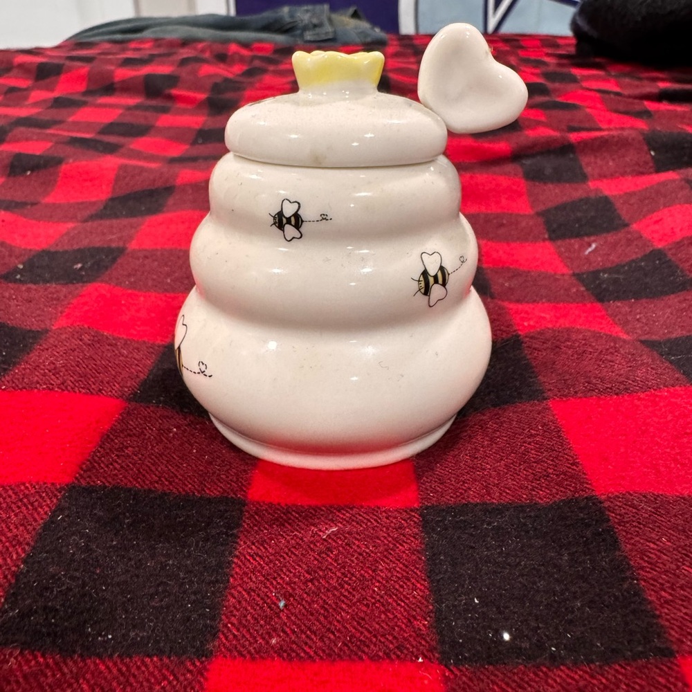 Source Unknown White Honey Jar with Bee Design